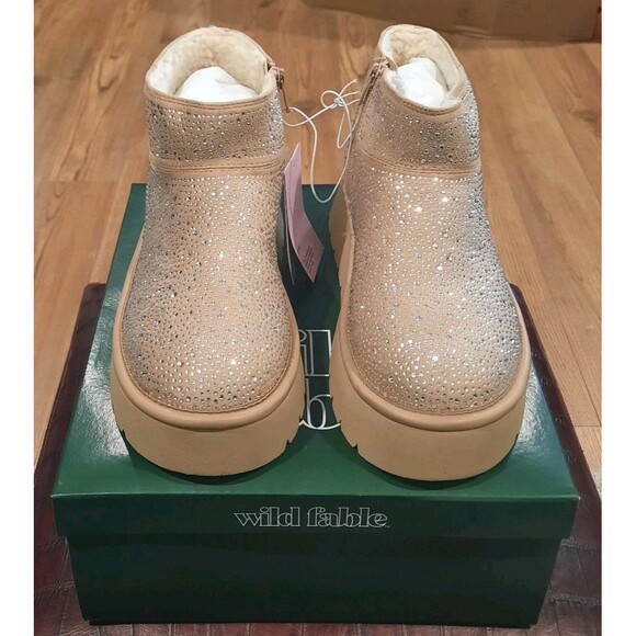 NEW Sz 8  Wild Fable Missy Beige Rhinestone Bling Covered Platform Ankle Booties - Picture 1 of 7